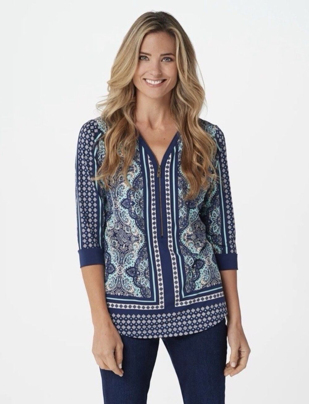 Belle Kim Gravel NWOT v-neck Mixed Media sz S tunic paisley $60 business travel